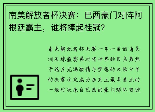 南美解放者杯决赛：巴西豪门对阵阿根廷霸主，谁将捧起桂冠？